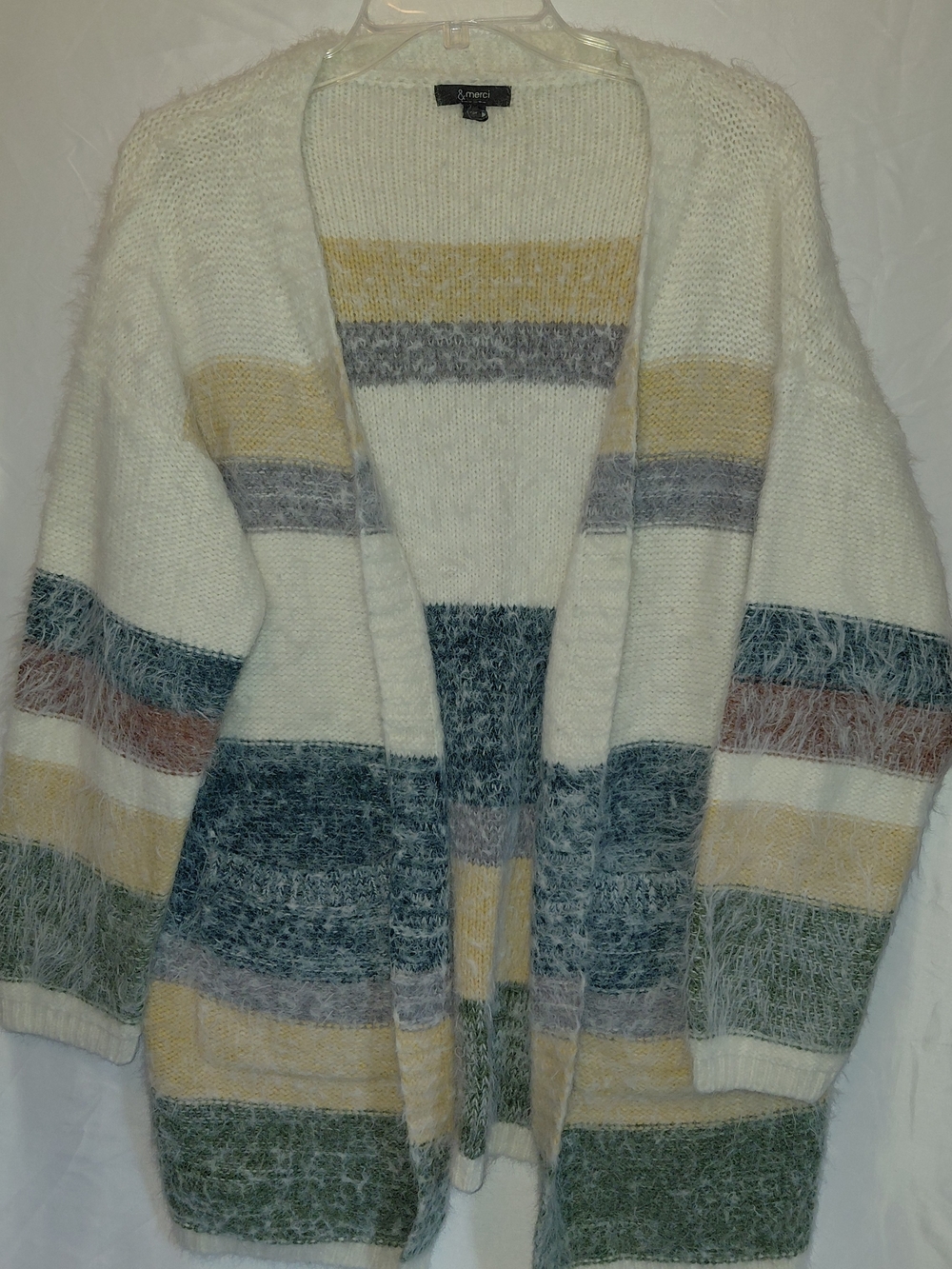 Fuzzy Open-Front Cardigan in Cream with Multi-Color Stripes #2619